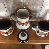 Ancienne Théière + 2 Pichets Schramberg BERNAU Céramique Décor Fleurs