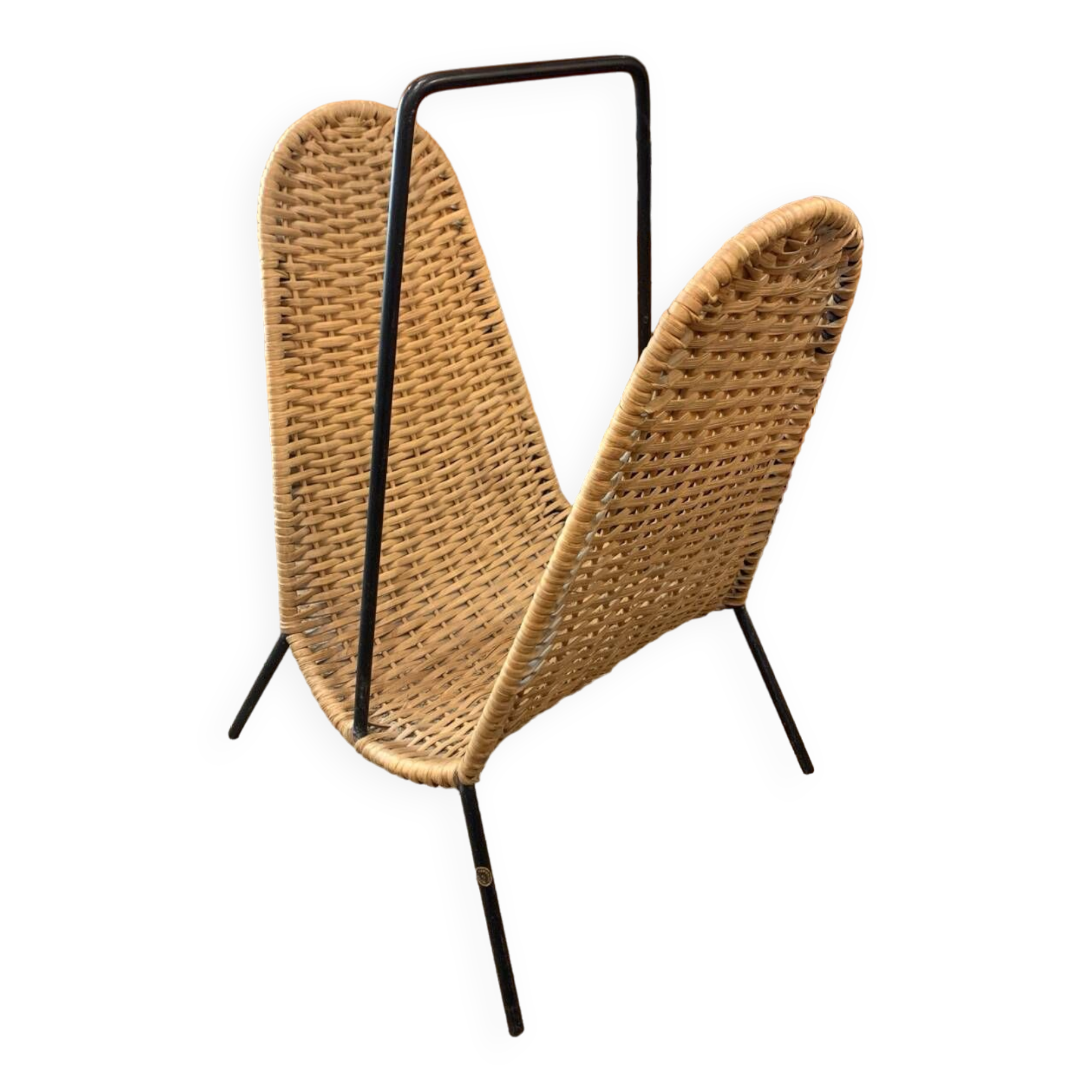 Danish magazine rack in metal and woven wicker