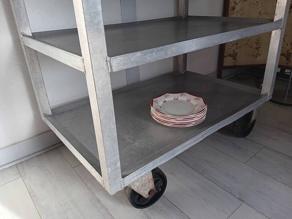 1950s metal shelf on wheels
