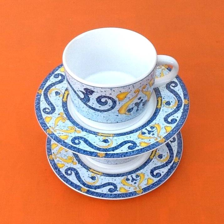 Two Real Stoneware Coffee Cups / Saucers