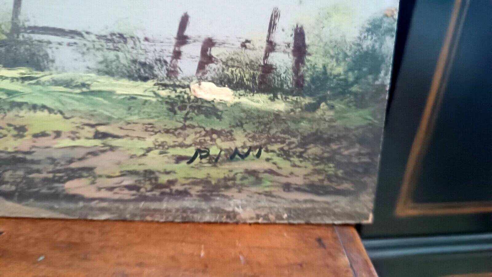 Painting landscape mountain lake Alps signed Pini 1950s