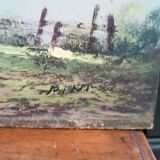 Painting landscape mountain lake Alps signed Pini 1950s