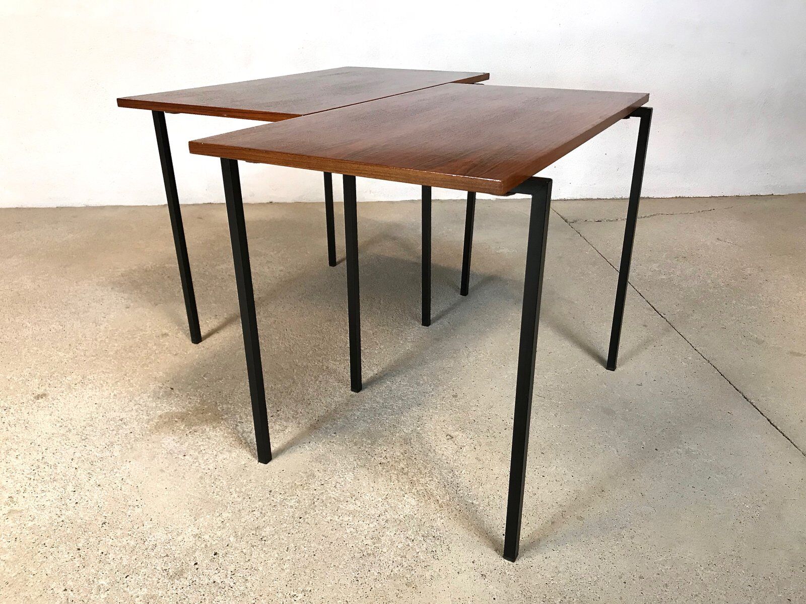 Minimalist walnut & steel stacking side tables, 1960s, Set of 2