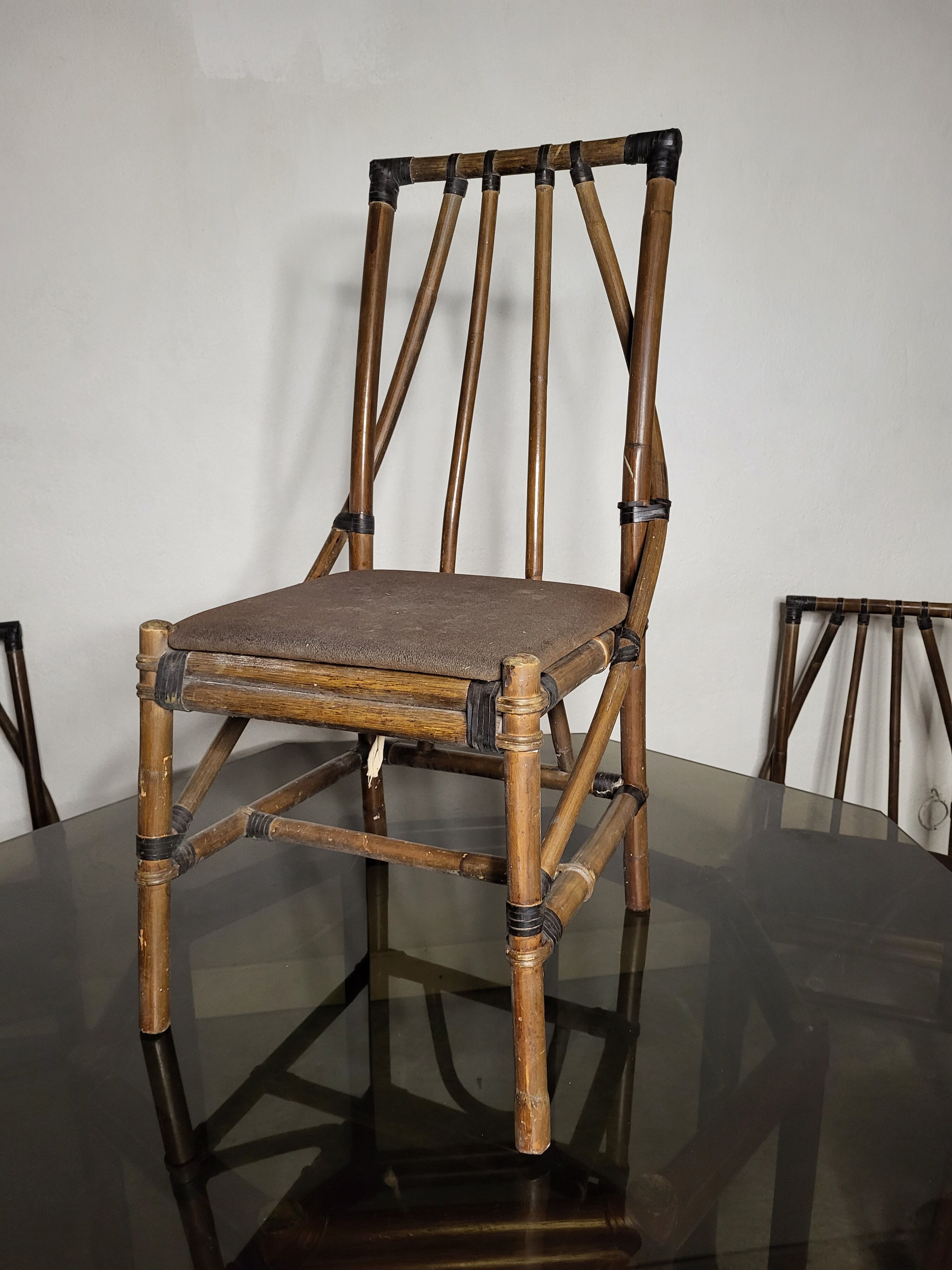 Wood table bamboo style smoked glass 70s