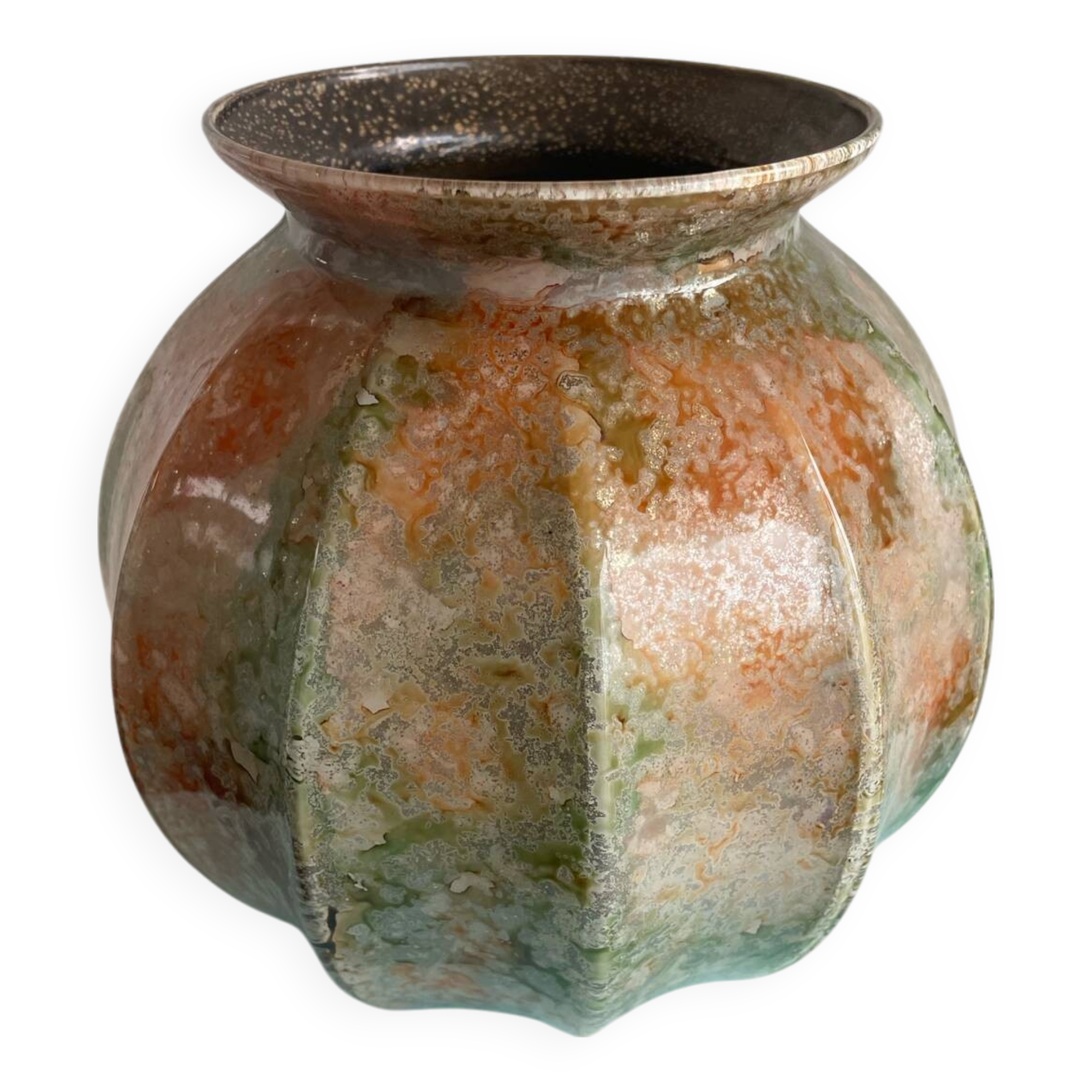 Iridescent glass ball vase with cut sides – Art glass style, unique piece