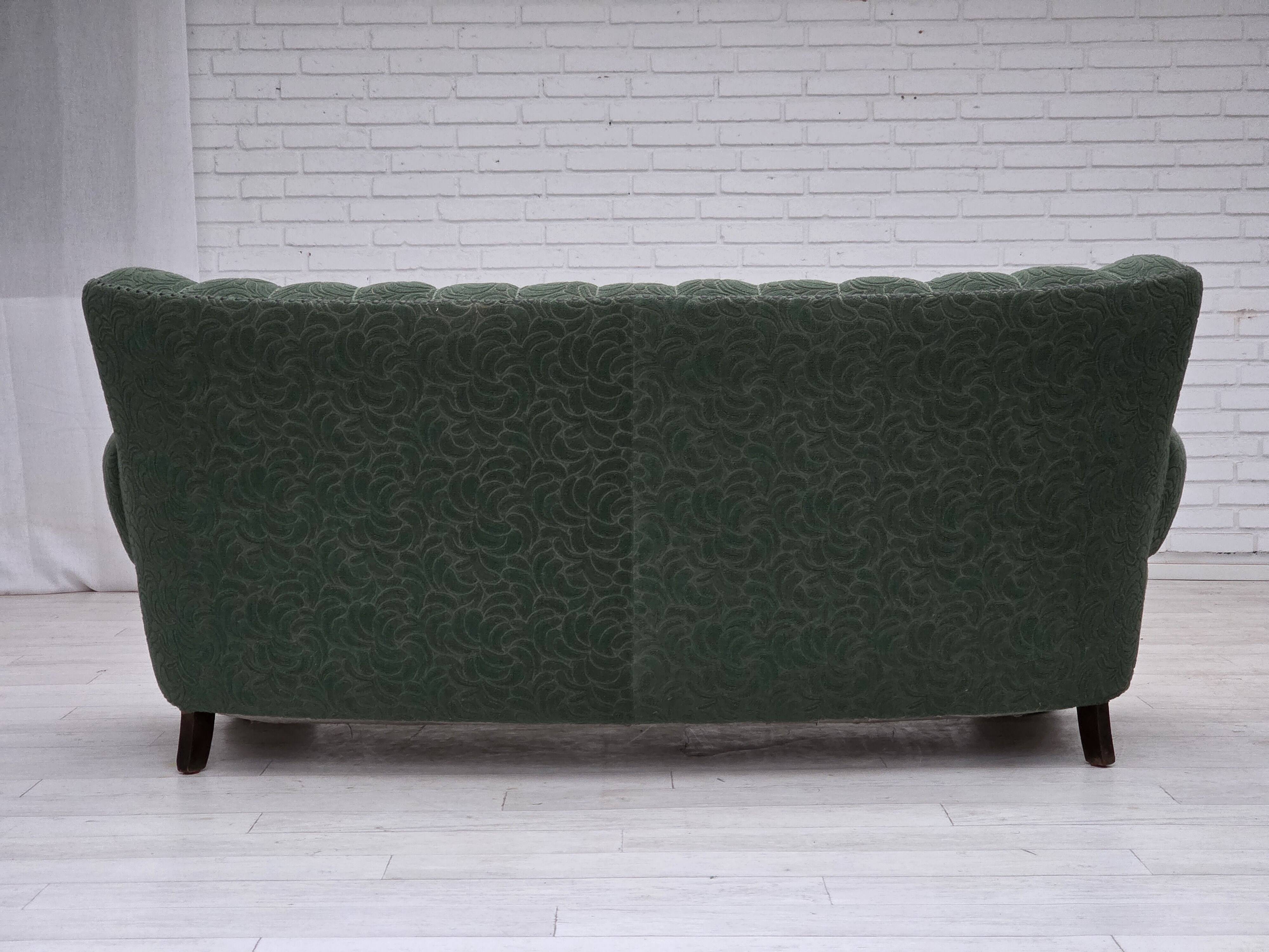 1960s, Danish 3-seater sofa, green furniture wool, oak wood.