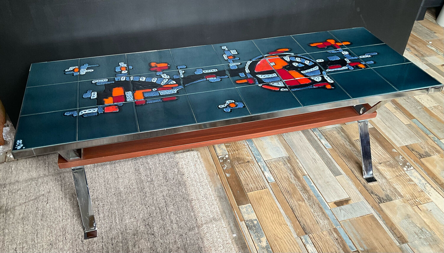 Coffee table in signed ceramic and chromed metal 70s