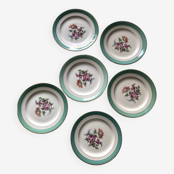 6 assiettes plates Ceranord Saint Amand Beaugency fleurs bords dorés et vert menthe