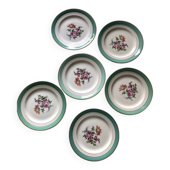 6 assiettes plates Ceranord Saint Amand Beaugency fleurs bords dorés et vert menthe