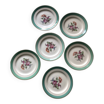 6 Ceranord Saint Amand Beaugency flat plates with gold and mint green edges