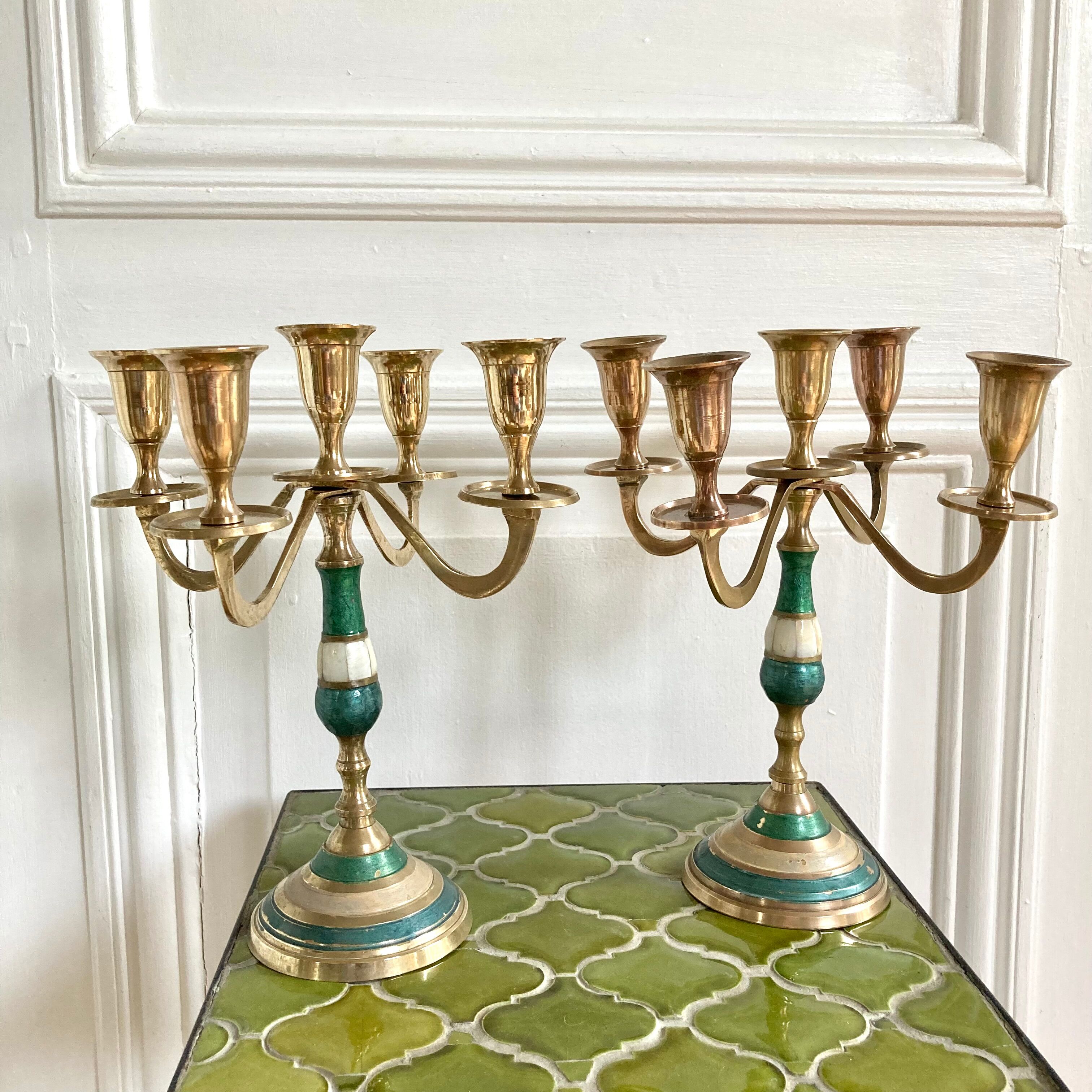 Pair of candlesticks brass and mother-of-pearl candlesticks