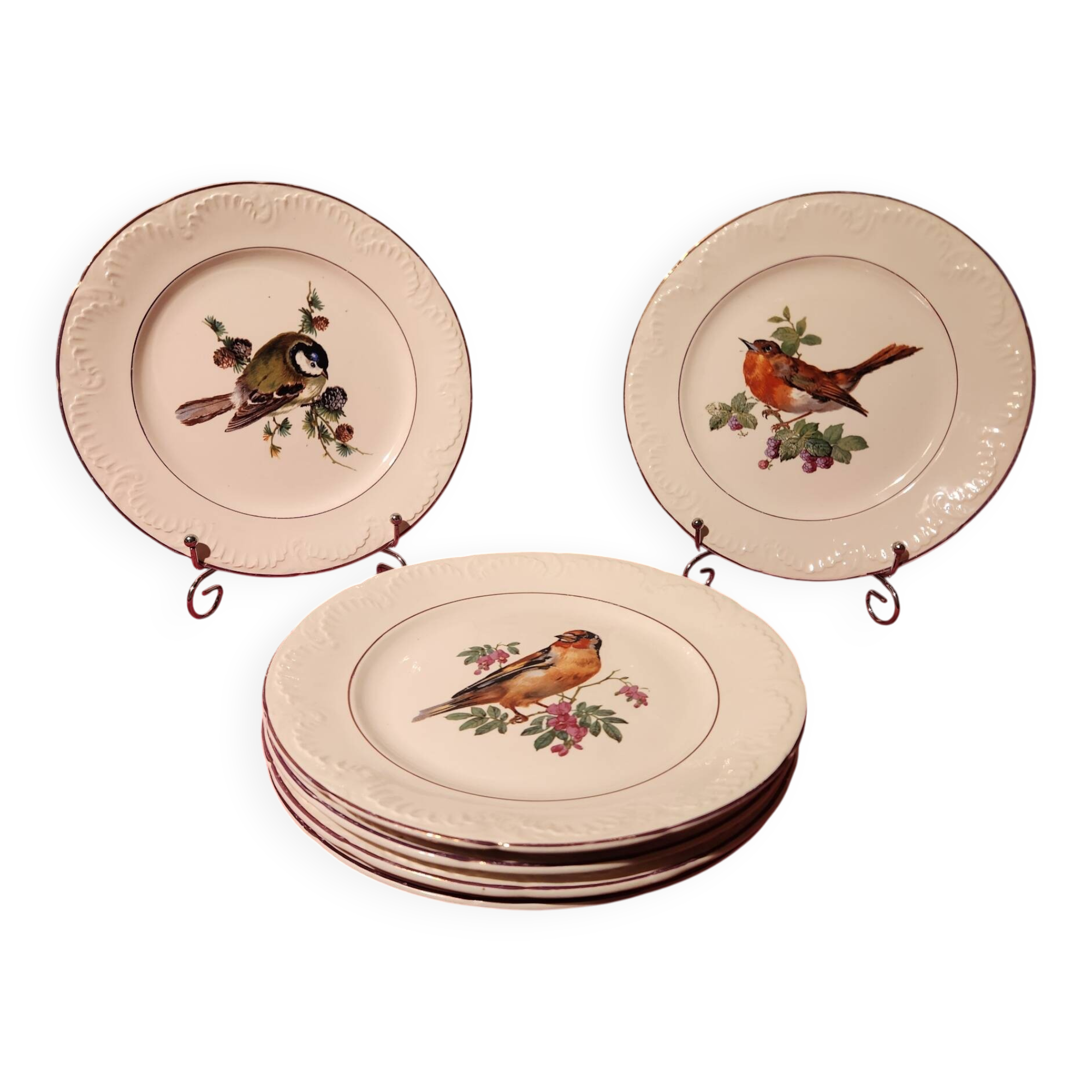 6 dessert plates Digoin Sarreguemines with coloured bird design.