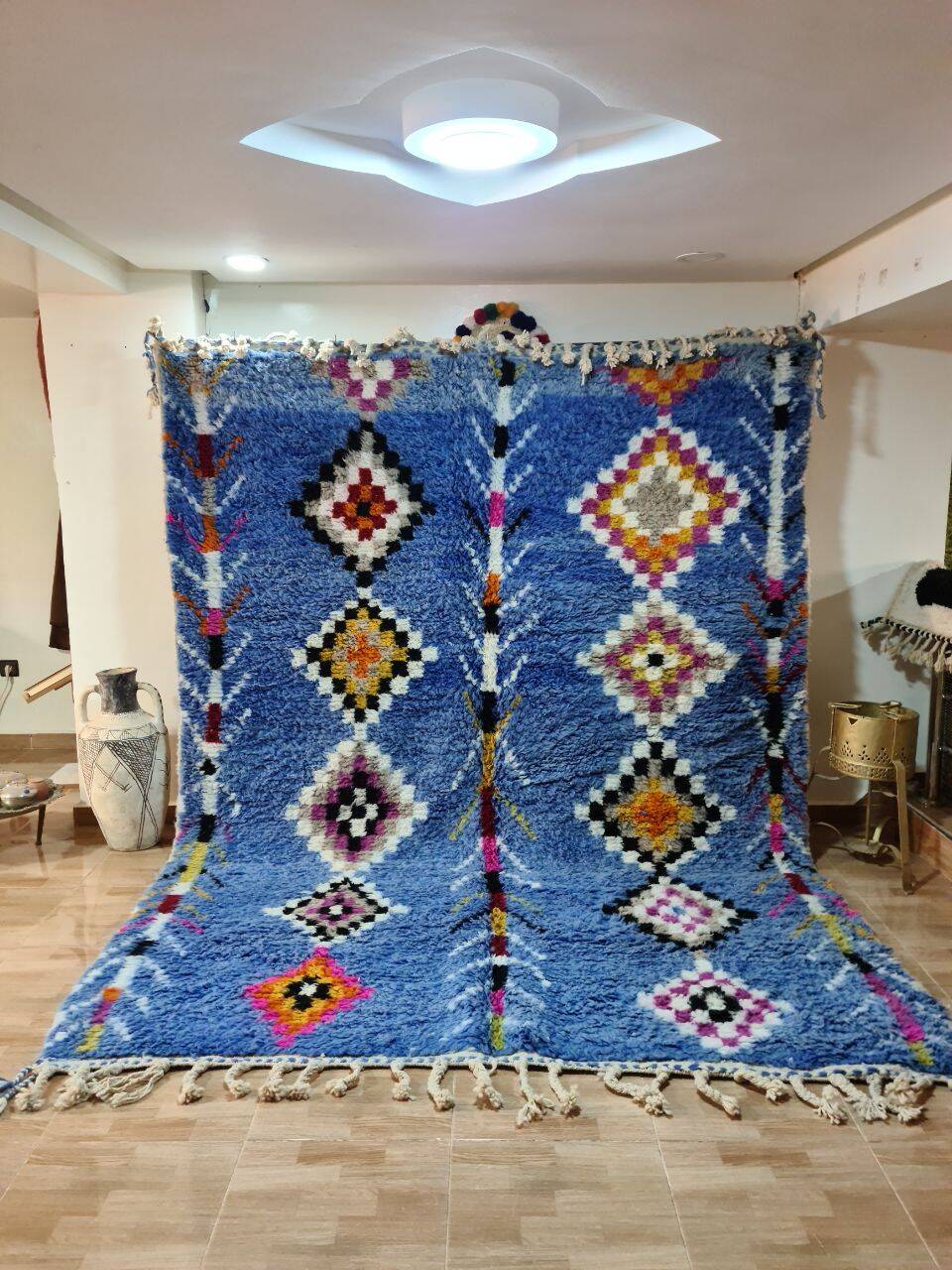 Tapis Beni Ouarain Bleu Azur - Motifs Berbères Colorés - Laine Naturelle