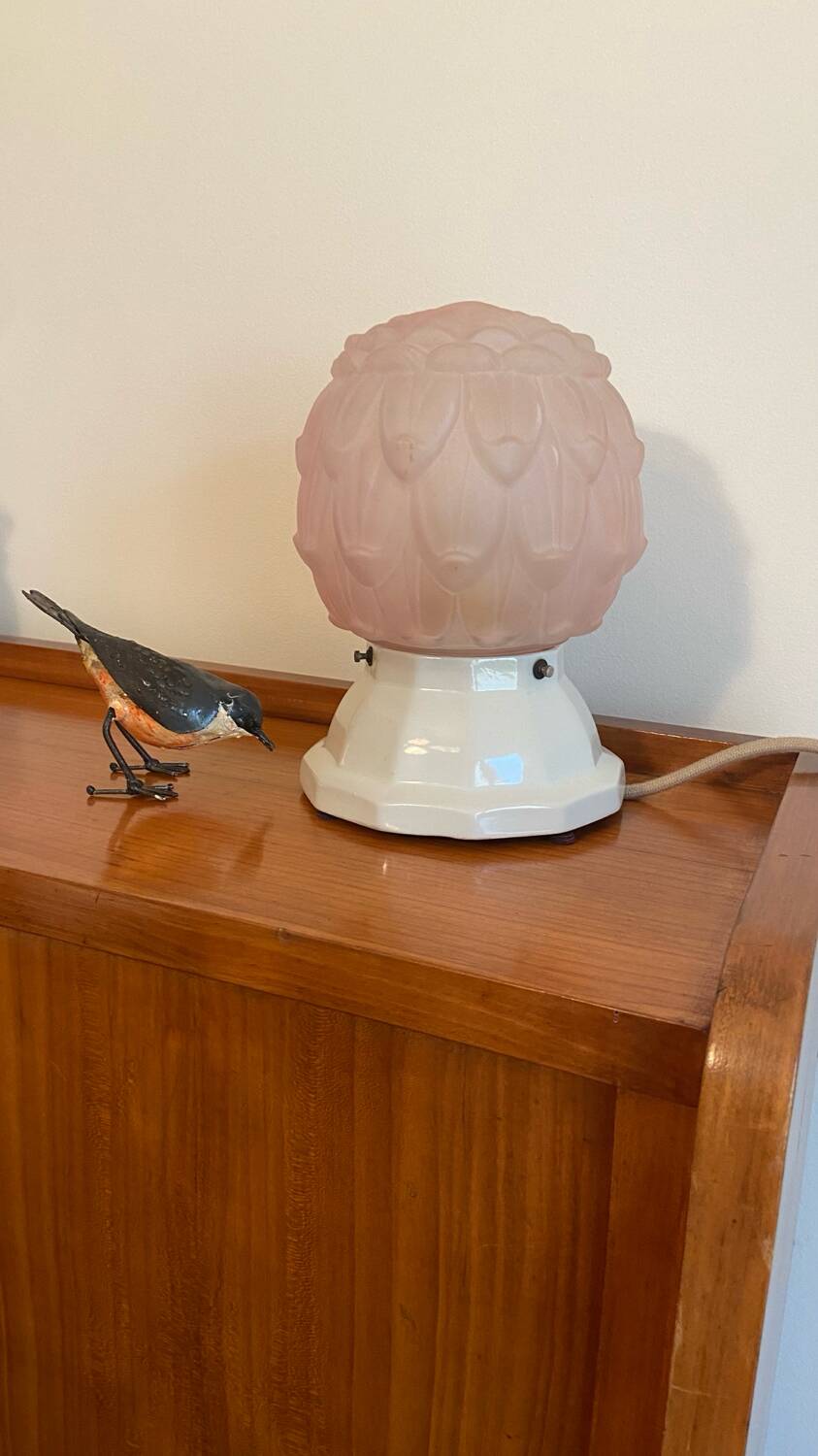 Art Deco powder pink globe lamp and porcelain base