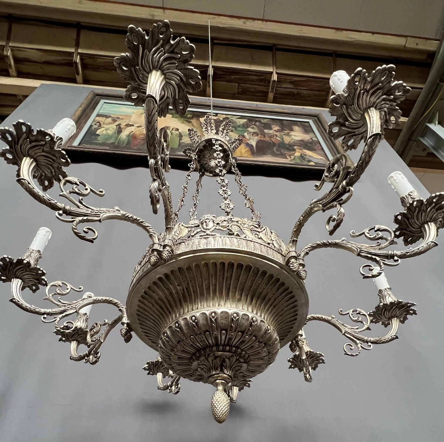Grand lustre ancien rare en bronze massif argenté de style Empire 12 points lumineux.