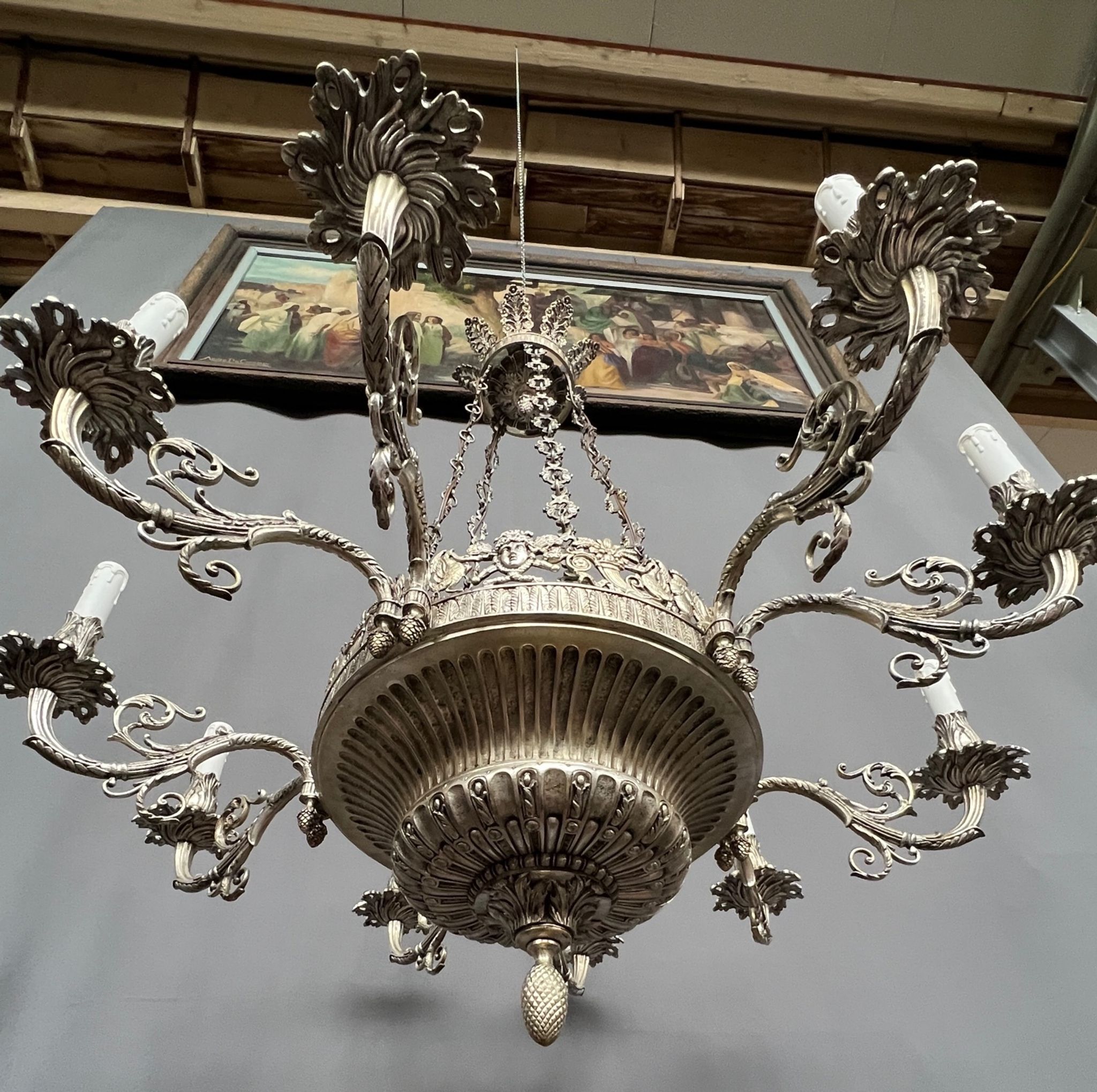 Large, rare antique chandelier in solid silver-plated bronze, Empire style, 12 light points.