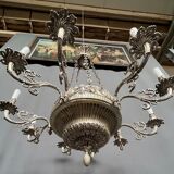 Large, rare antique chandelier in solid silver-plated bronze, Empire style, 12 light points.
