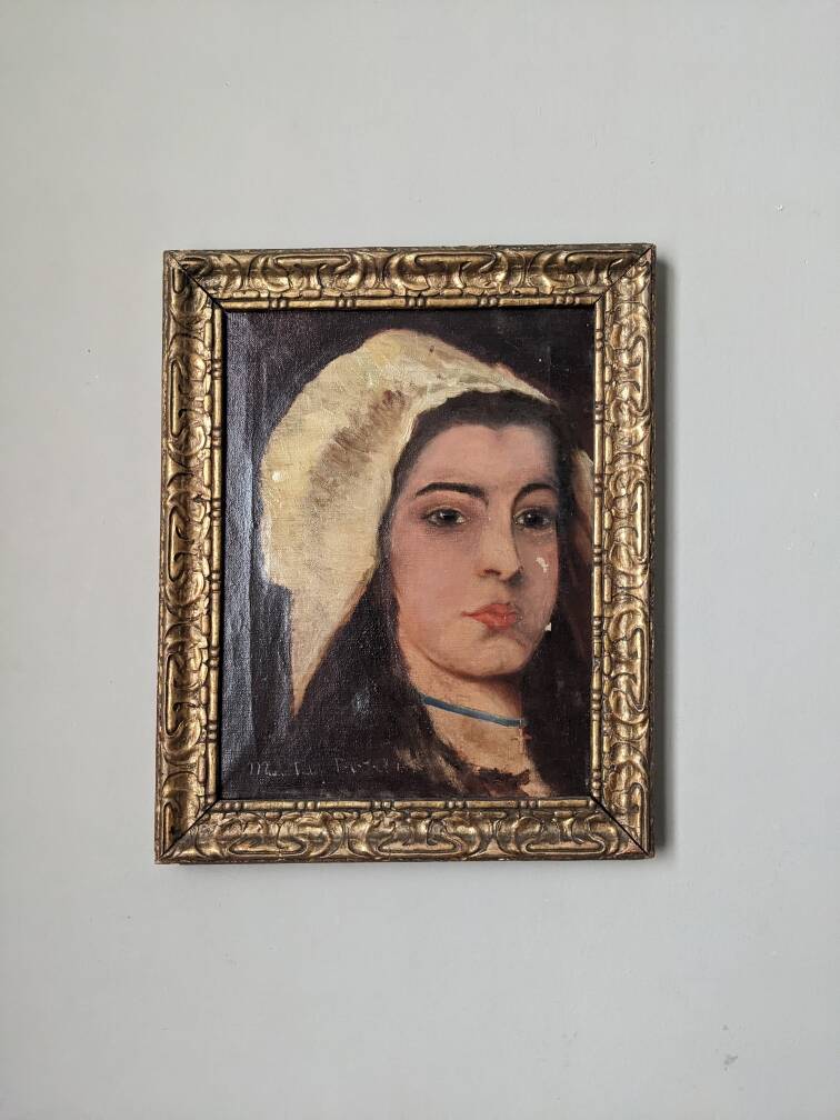 Oil on canvas antique female portrait countryside decoration old painting