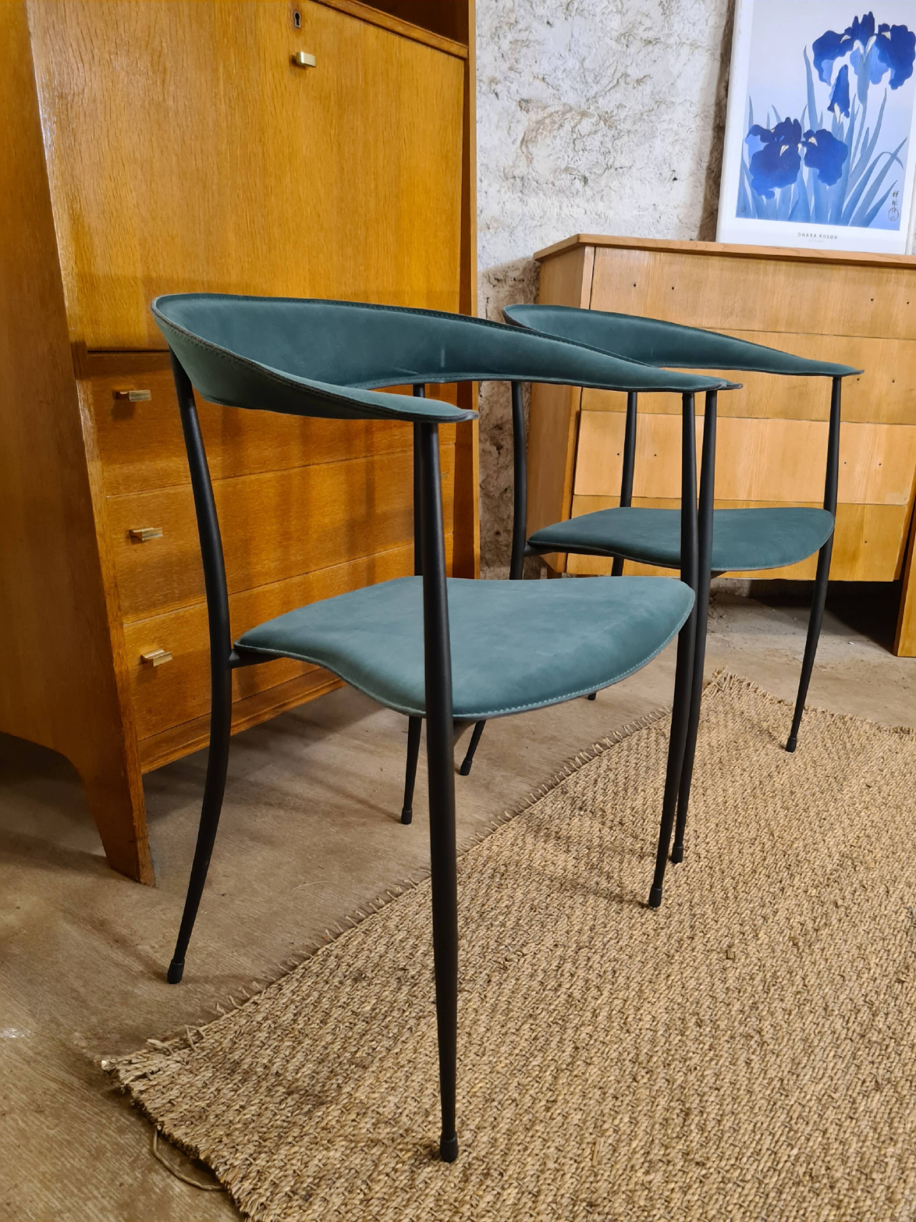 Pair of vintage suede chairs with metal legs from Arper.