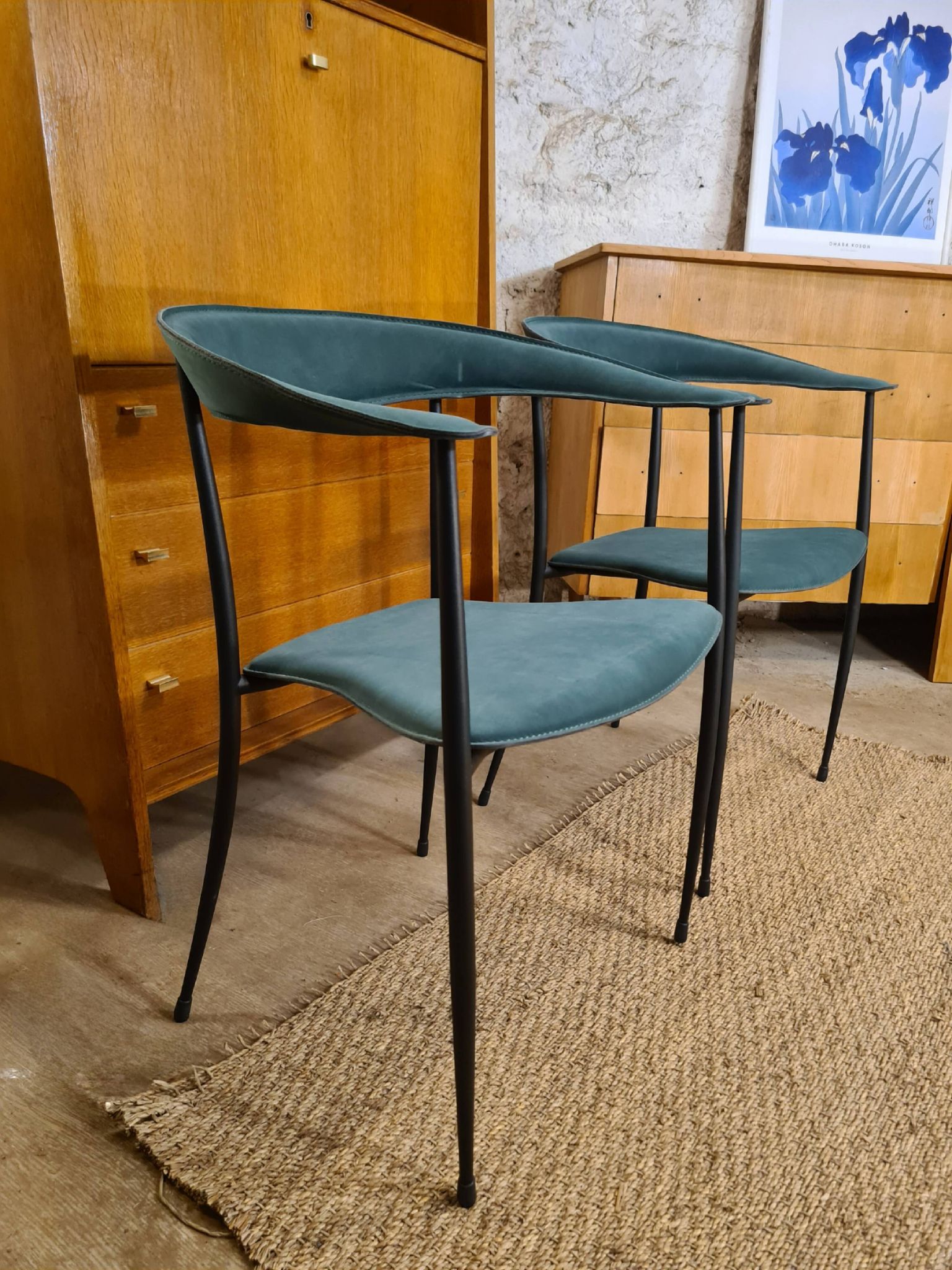 Pair of vintage suede chairs with metal legs from Arper.