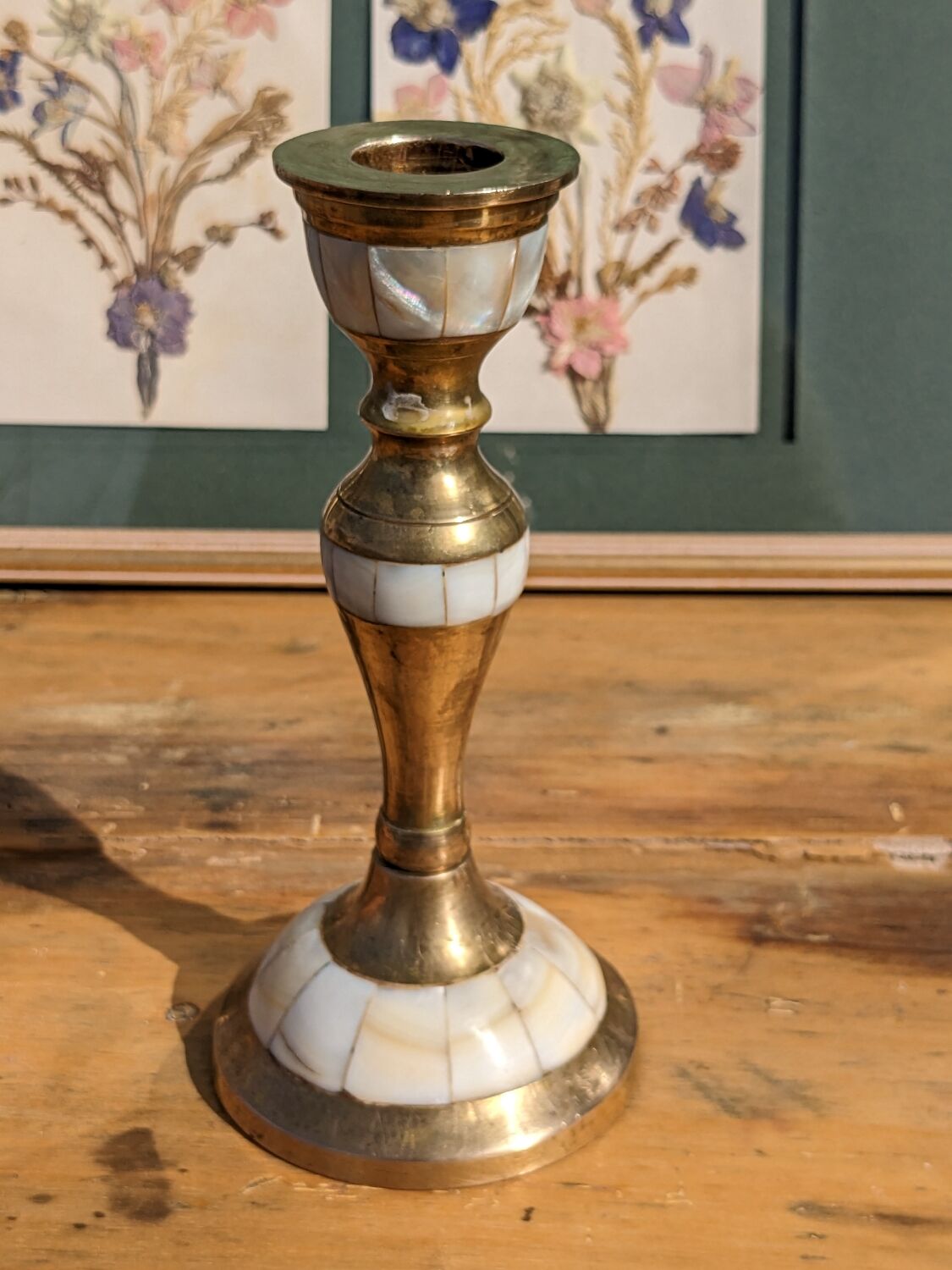 Brass and mother-of-pearl candle holder