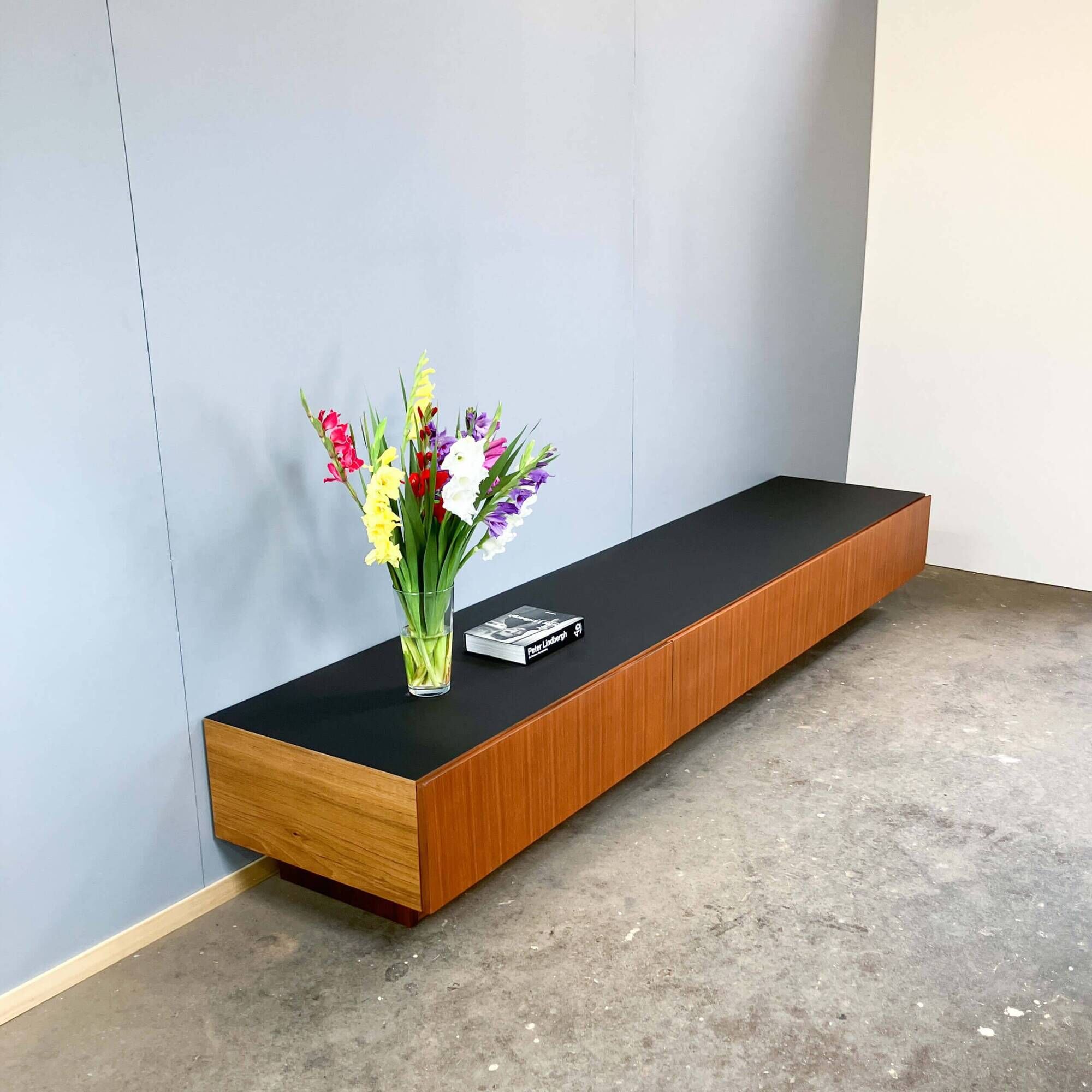 Minimalist XXL lowboard, teak and black top, 1960s