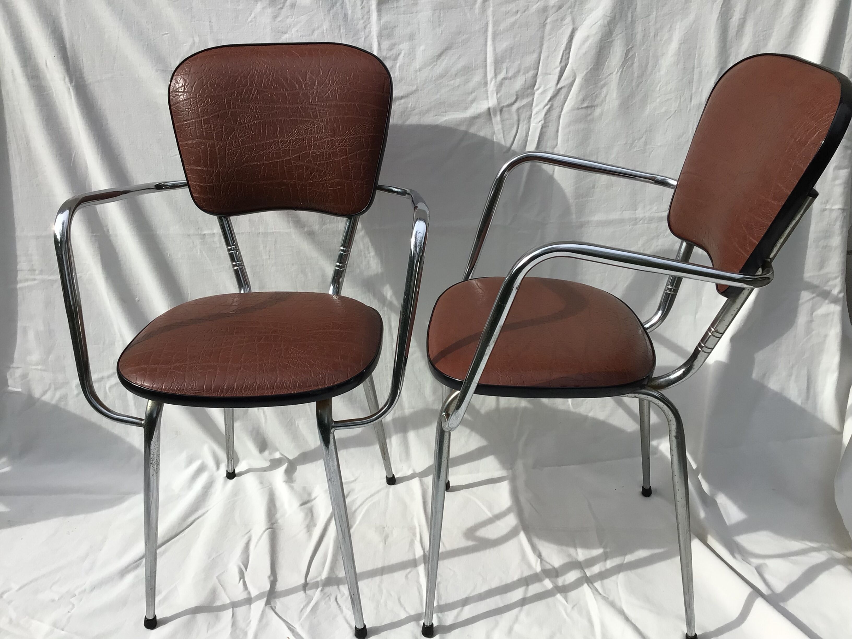 2 60's brown leatherette chrome metal kitchen armchairs