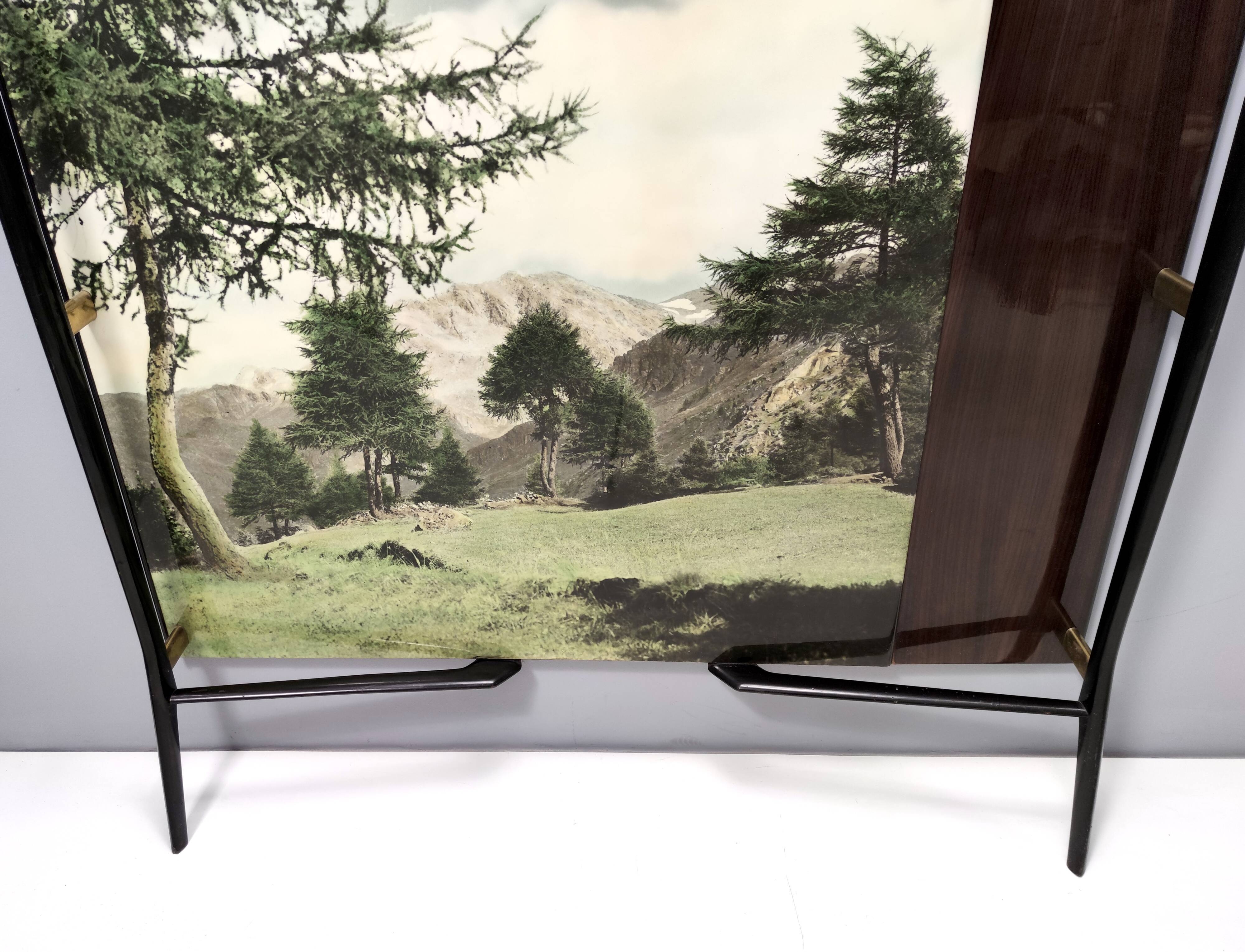 Vintage Ebonized Beech, Brass and Glass Coat Rack with a Landscape, Italy