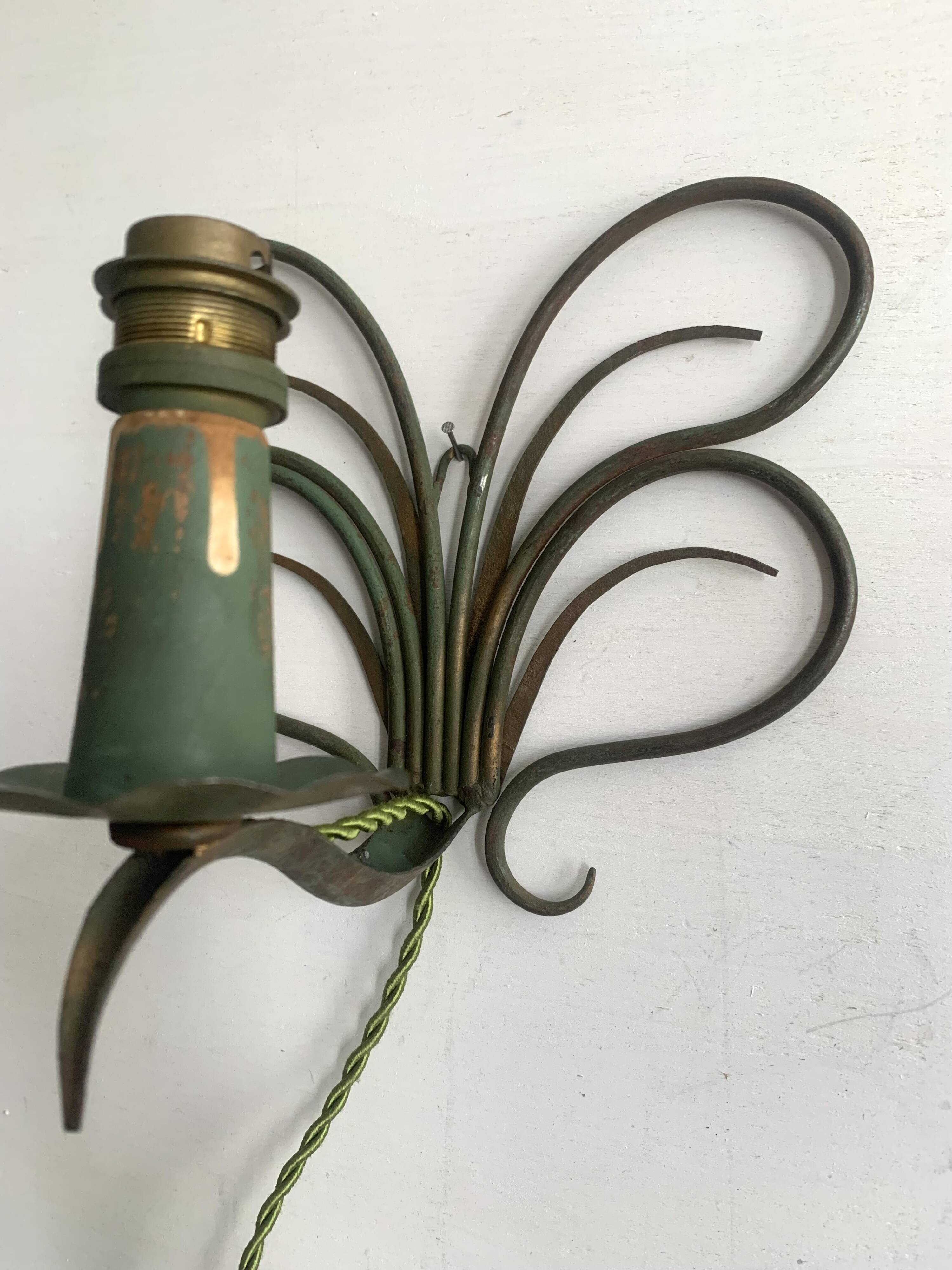 Pair of wall lights in patinated green painted iron, 1950s