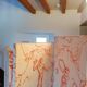 Rare folding screen with notches "Pierre Frey fabric" upholstery finish.