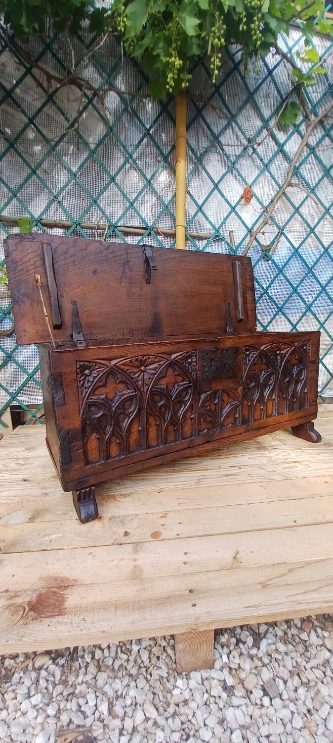 Old Gothic chest 17th century solid oak