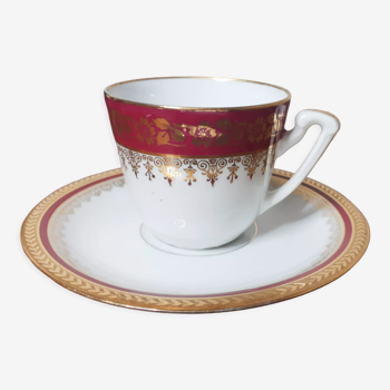 Limoges porcelain coffee cup, red and gold, antique French