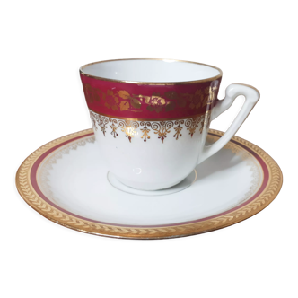 Limoges porcelain coffee cup, red and gold, antique French