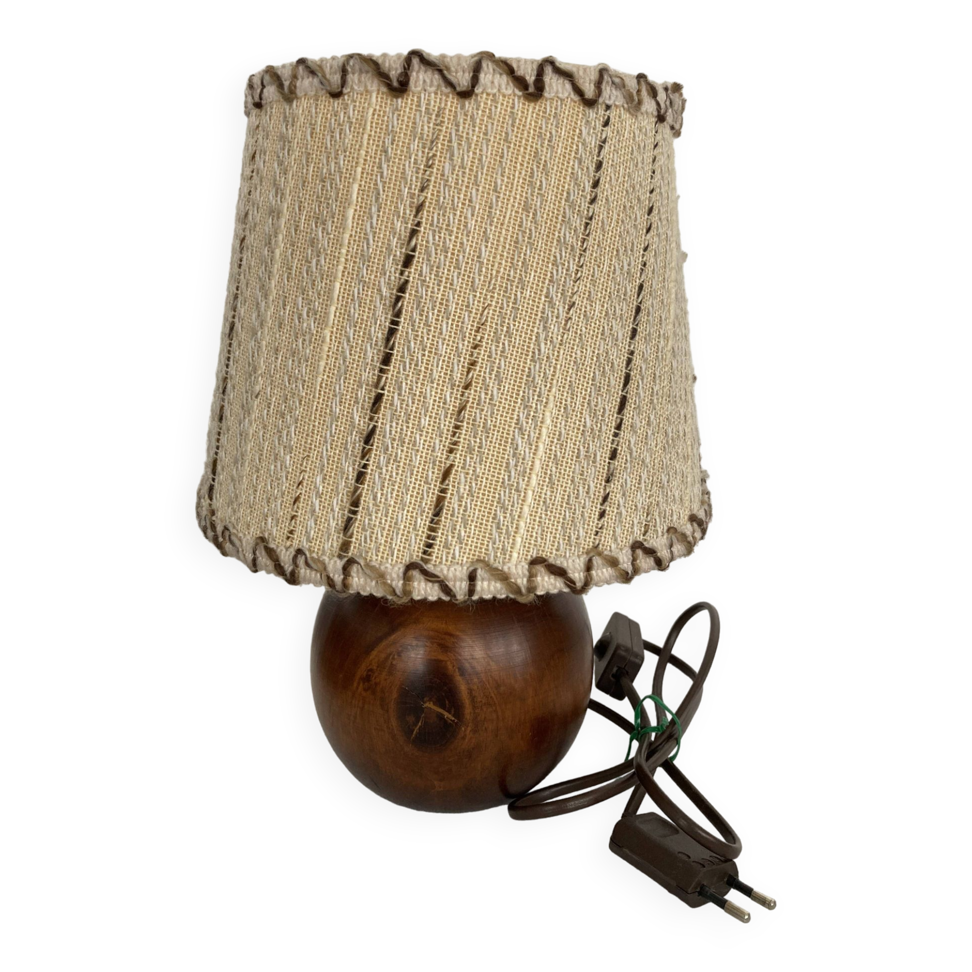 lampe à poser pied boule bois et abat jour vintage
