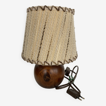 lampe à poser pied boule bois et abat jour vintage
