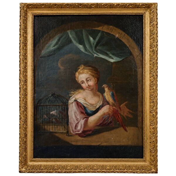Huile sur toile du début du XVIIIᵉ siècle – Jeune femme au perroquet