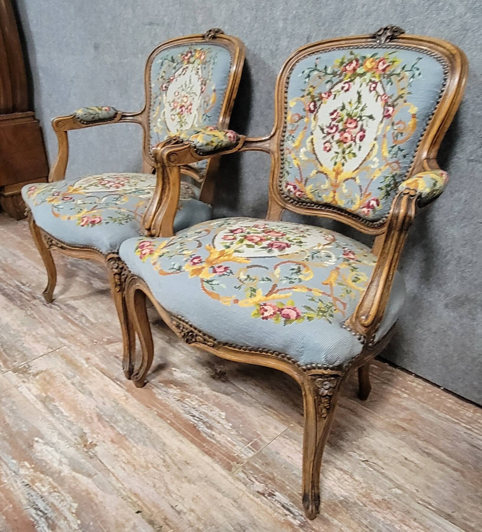 Pair of Louis XV style cabriolet armchairs in walnut
