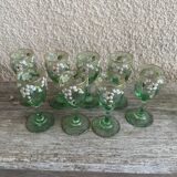 Antique liqueur service, enamelled decanter and glasses.