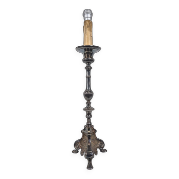Church candle holder in silver-plated metal converted into a lamp.