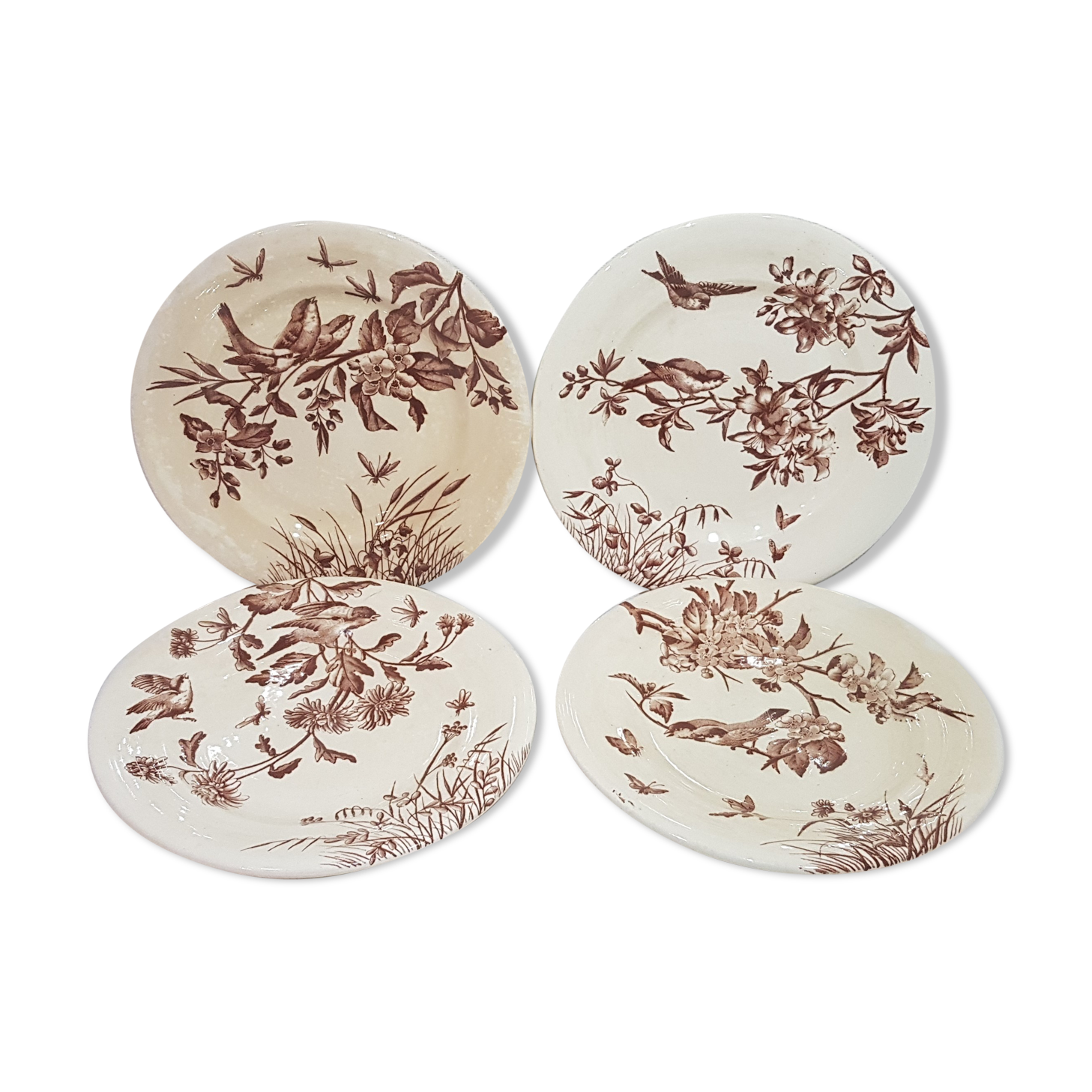 Lot de 4 assiettes plates en faïence de Clairfontaine modèle Flowers, terre de fer