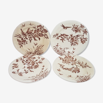 Set of 4 flat plates in Clairfontaine earthenware model Flowers, iron earth