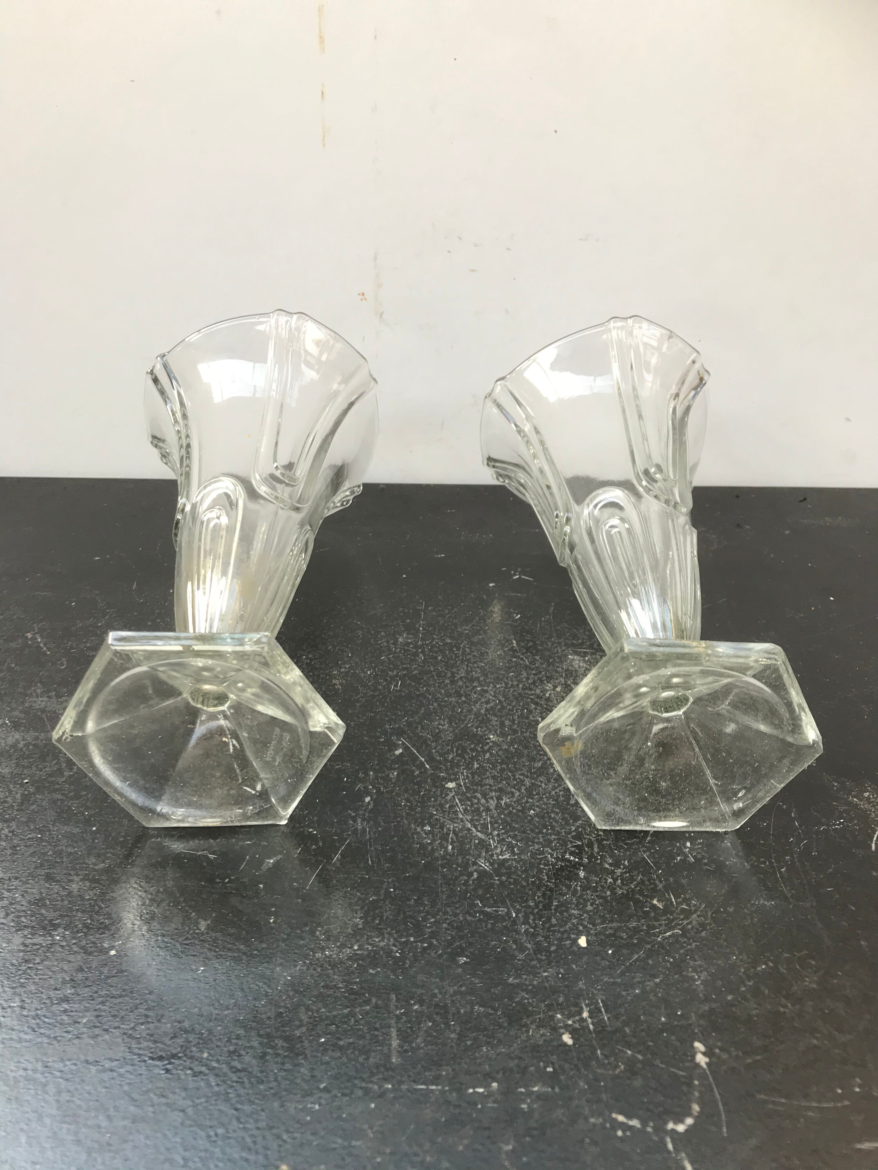 Pair of old art deco style vintage molded glass vases