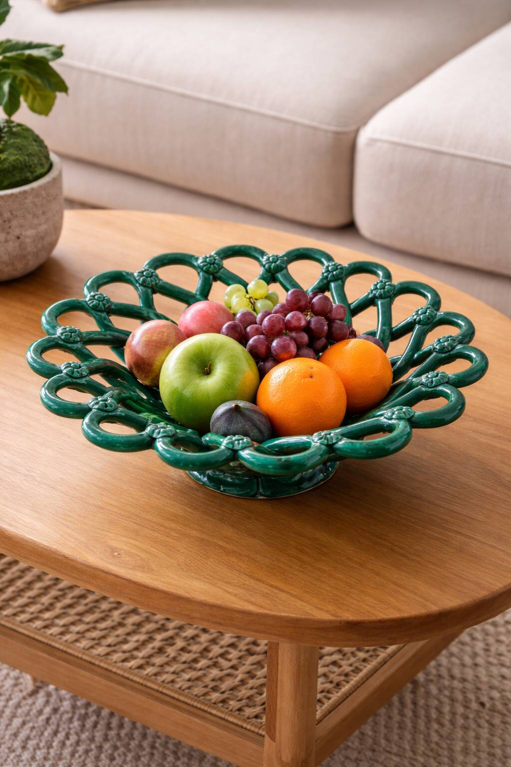 Openwork green ceramic bowl from Vallauris, 1950s.