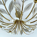 Large Pendant Lamp Vintage Pattern Bouquet Leaves, Brass, White Gold, 50s