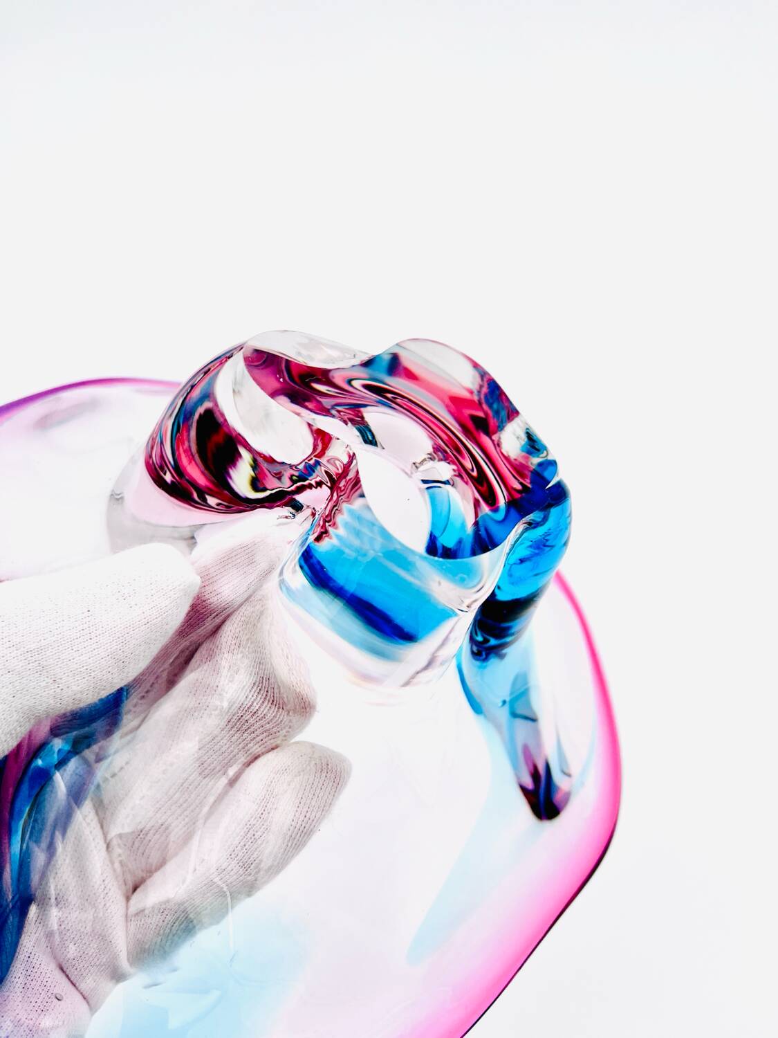 Murano Crystal Sommerso Organic Sculpture Bowl - Blue & Fuchsia