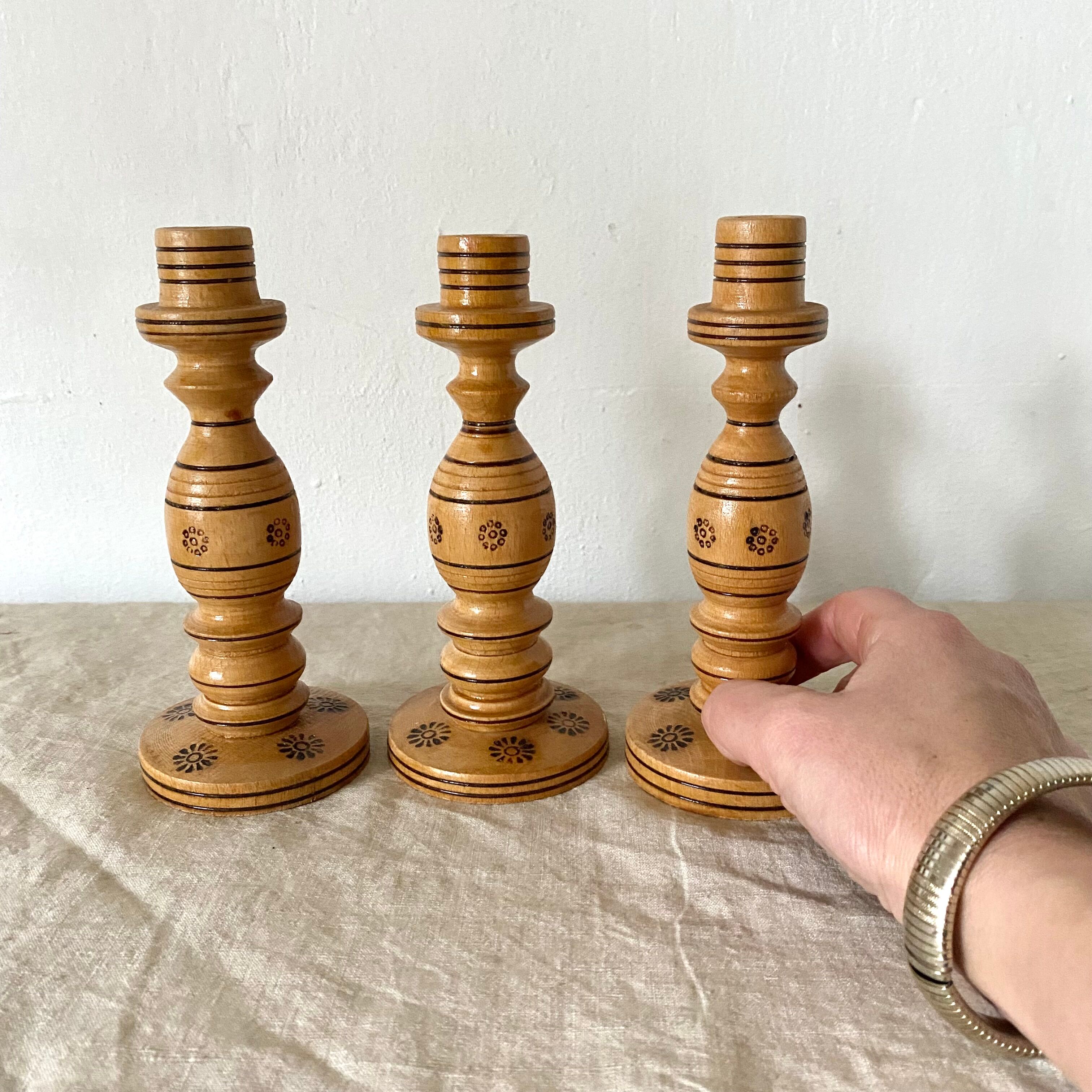 Engraved wooden candle holders