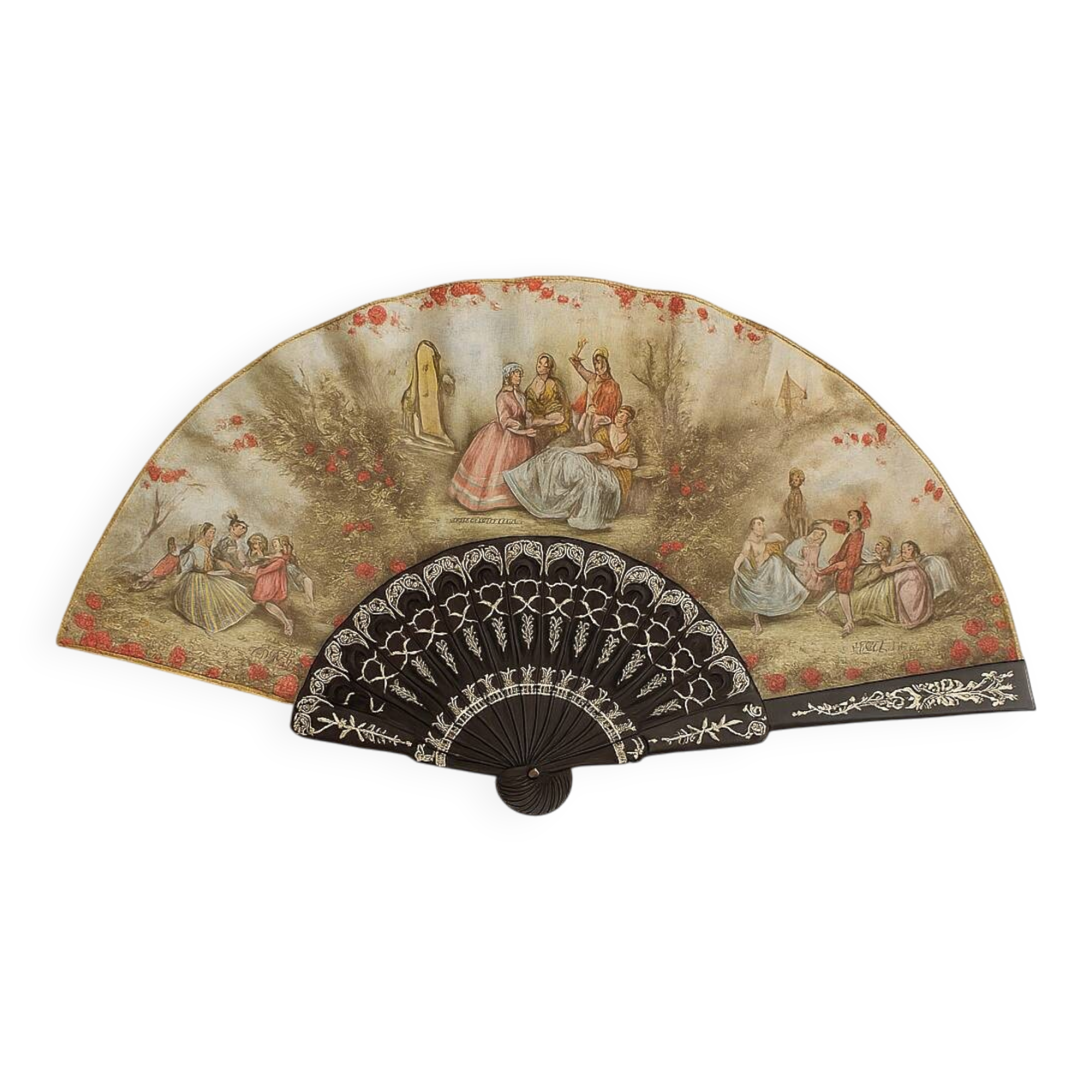 Vintage decorative fan signed JR Romano and J. Blay – Gallant Scenes