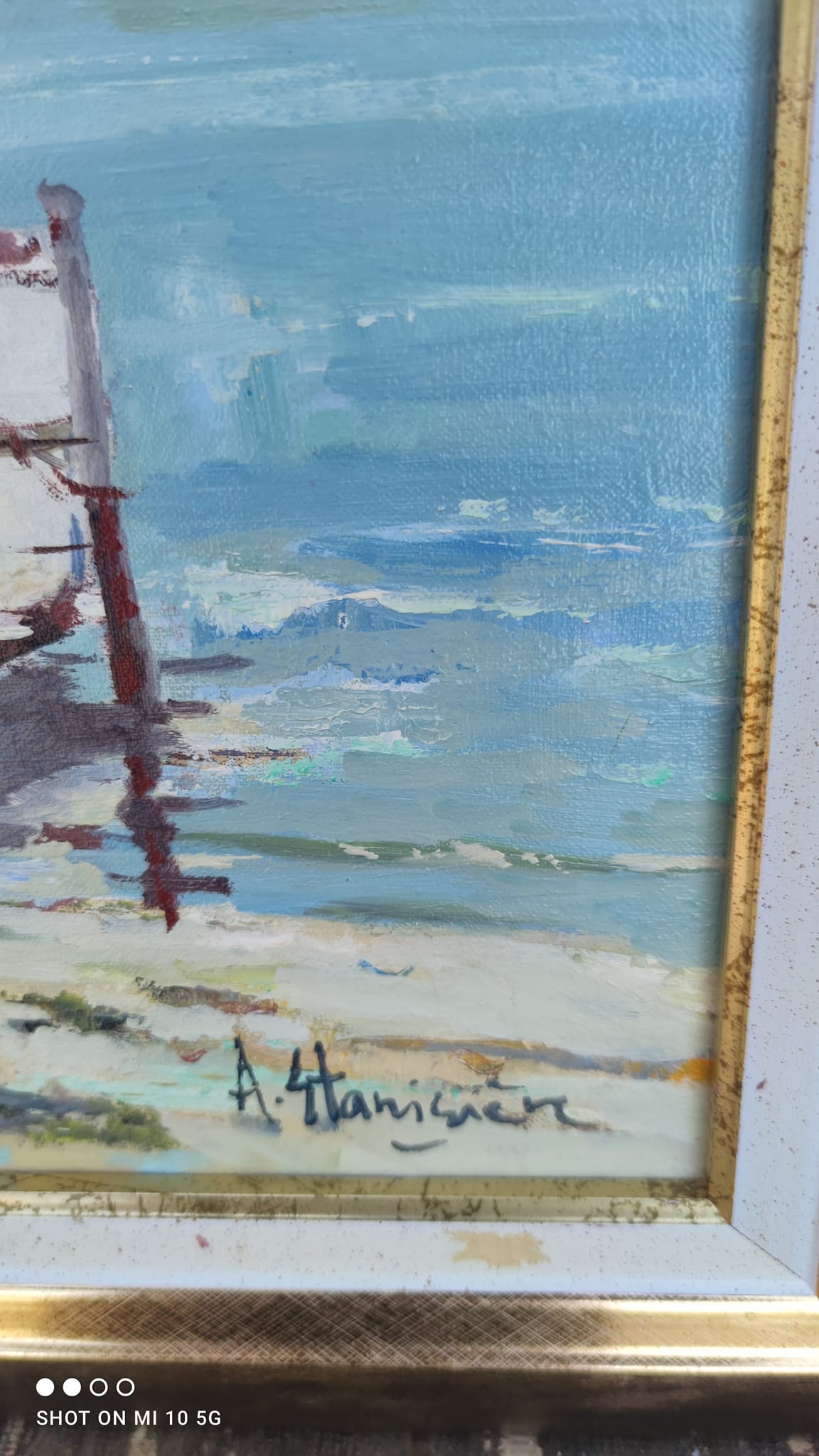 Breton seascape painting in the port of Guilvinec in 2002 by Antoine Stanisiere
