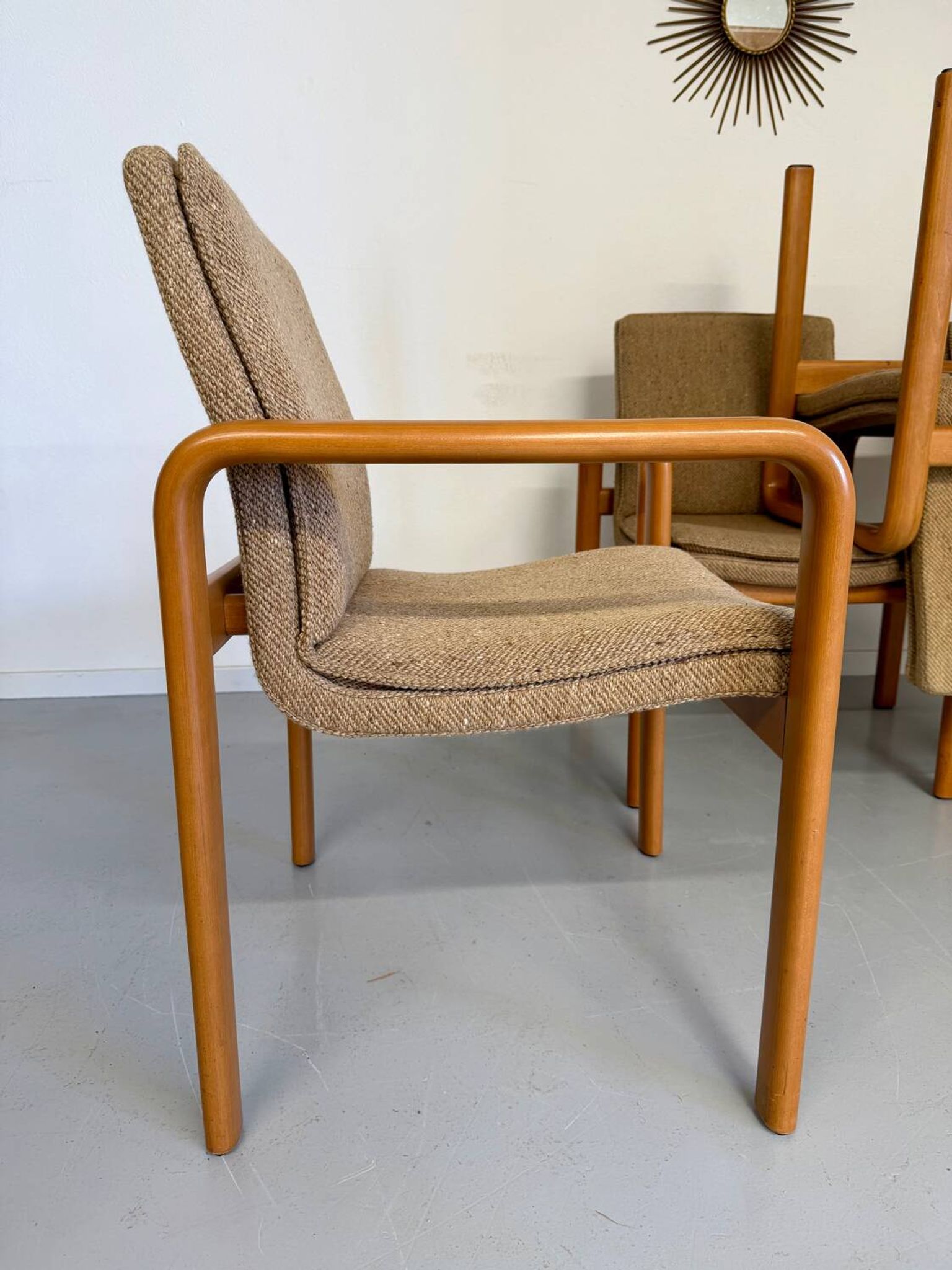 4 armchairs with armrests in beech and fabric, 1970s vintage design.