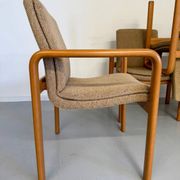 4 armchairs with armrests in beech and fabric, 1970s vintage design.